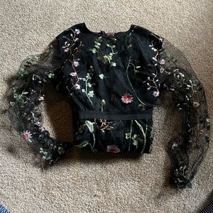 Flower-Embroidered Black Dress